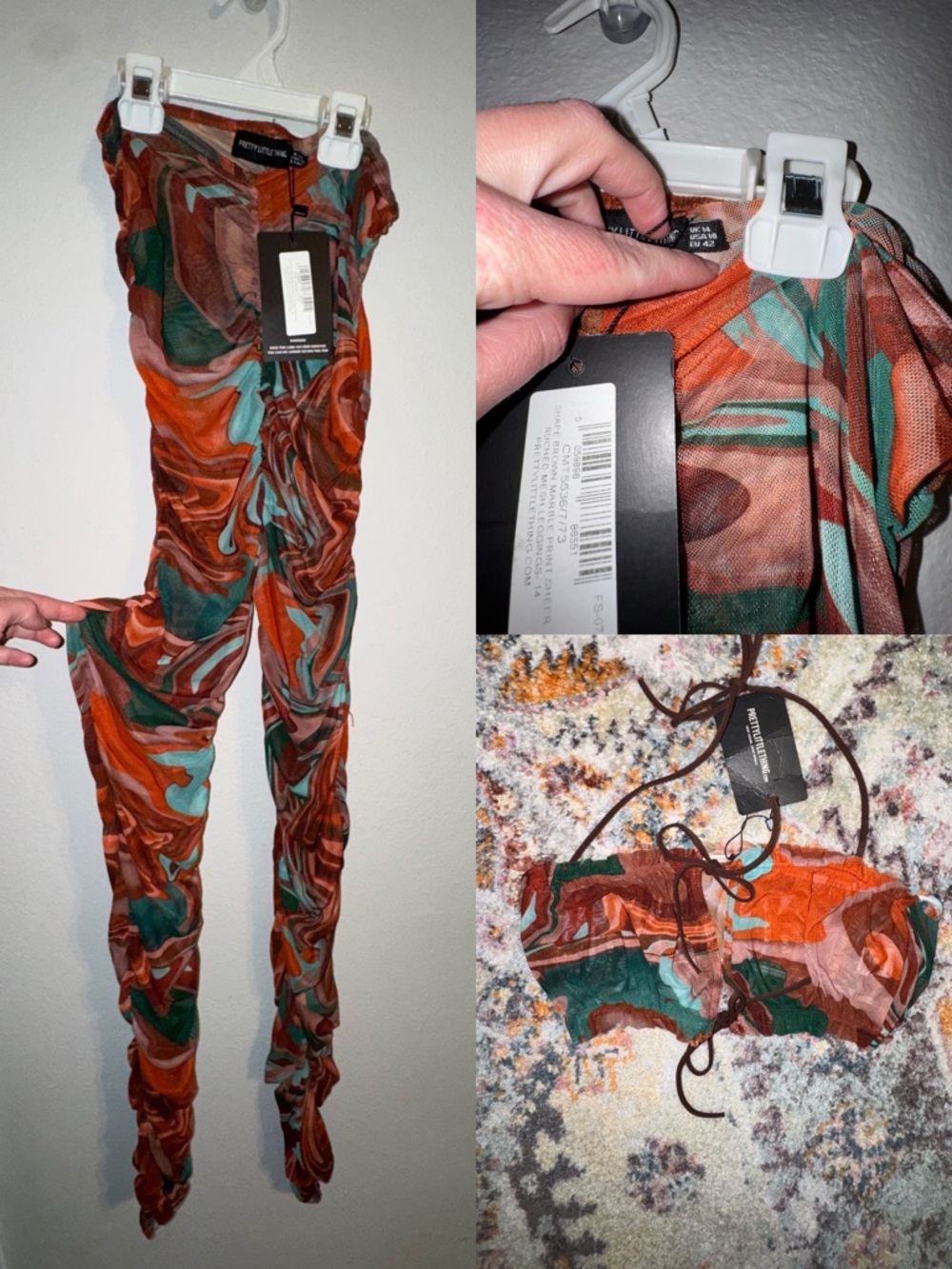 PrettyLittleThing Orange, Teal & Brown Swirl Strapless Ruched Jumpsuit